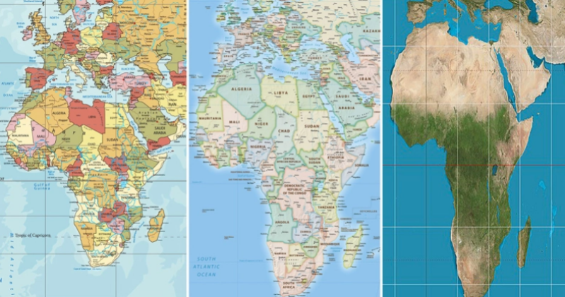 Le continent africain se présente différemment selon les calculs utilisés pour transformer une réalité tridimensionnelle en une représentation bidimensionnelle.