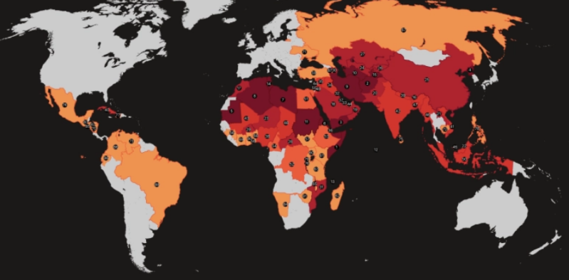 La carte met en évidence les pays où laccès à la Bible est restreint en raison dinterdictions légales, de persécutions et de barrières sociopolitiques.