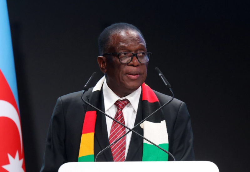 BAKU, AZERBAIJAN - NOVEMBER 12: Zimbabwean President Emmerson Dambudzo Mnangagwa delivers a national statement during the UNFCCC COP29 Climate Conference at Baku Stadium on November 12, 2024 in Baku, Azerbaijan.